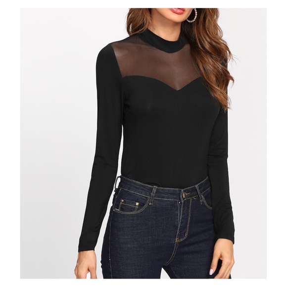 Black Long Sleeve Mesh Neckline Solid Tee - Picture 4 of 6